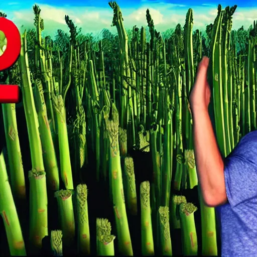 Image similar to 3d video game gameplay of man in field of giant asparagus