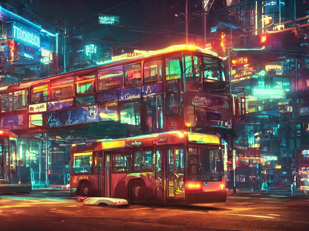 Prompt: trolleybus stands at a stop, headlights shine with neon light, atmospheric, futuristic, cyberpunk, ray tracing global illumination, 8 k resolution, ultra detailed