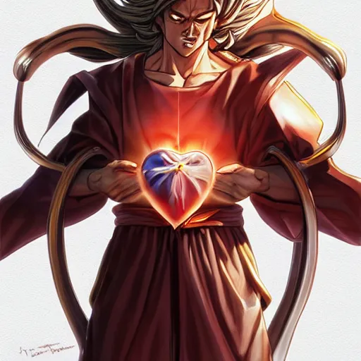 Prompt: Jesus christ transforming in super Saiyan holding the a shiny Sacred Heart , by Stanley Artgerm Lau, WLOP, Rossdraws, James Jean, Andrei Riabovitchev, Marc Simonetti, Yoshitaka Amano, ArtStation, CGSociety,