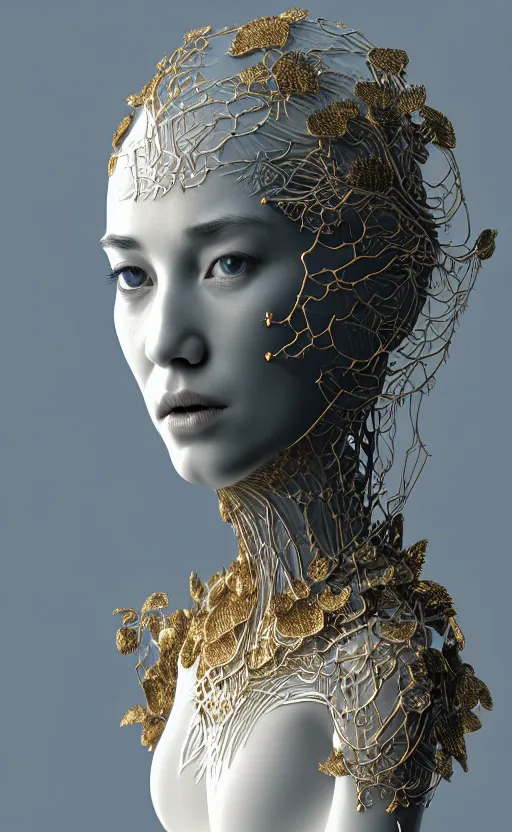 Image similar to complex 3d render of a beautiful porcelain profile woman face, vegetal dragon cyborg, 150 mm, beautiful natural soft light, rim light, silver gold details, magnolia leaves and stems, roots, fine lace, maze like, mandelbot fractal, anatomical, facial muscles, cable wires, microchip, elegant, highly detailed, white metallic armour, octane render, black and white, H.R. Giger style