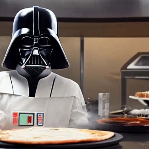 Image similar to A still of a Darth Vader making a pizza in Masterchef, 4k, photograph, ultra realistic, highly detailed, professional lighting