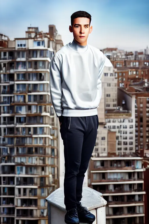 Image similar to un ultra high definition studio quality photographic art portrait of a young man standing on the rooftop of a british apartment building wearing soft padded silver pearlescent clothing. three point light. extremely detailed. golden ratio, ray tracing, volumetric light, shallow depth of field. set dressed.