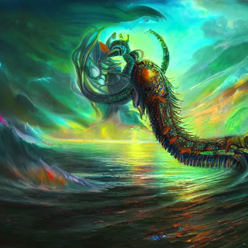 Prompt: warrior sea goddess full frame battling leviathan, beautiful composition, wide angle, colorful, cinematic, volumetric lighting, intricate details painting