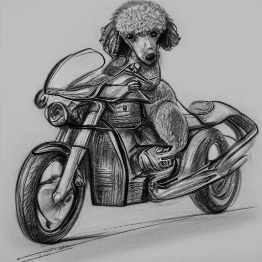 Image similar to pencil sketch of a poodle riding a ducati