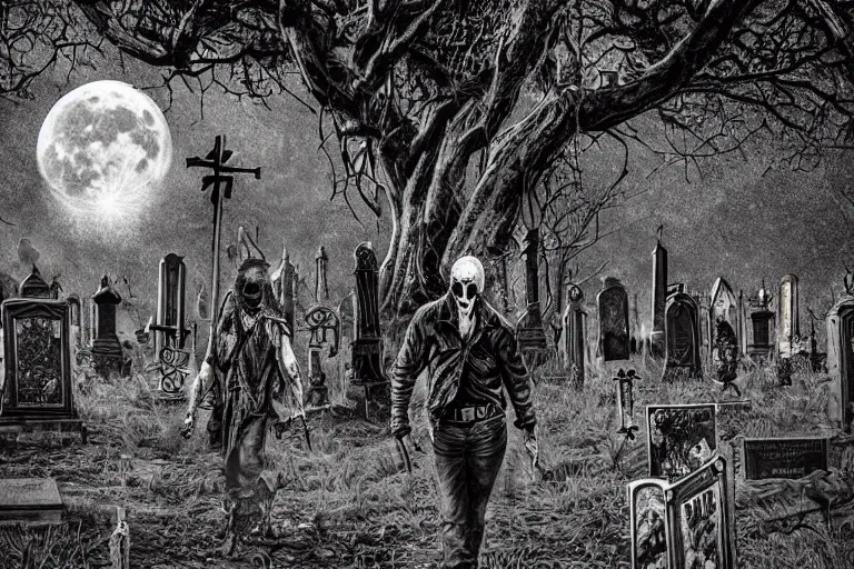 Prompt: dead anarchist walking through a cemetery, middle finger, pirate flag sticking out of his pocket, evil dead face, leather coat, dark night, full moon, crowd of zombies and walking deads around, crows on the oak tree, highly detailed digital art, photorealistic
