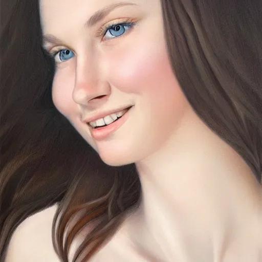 Image similar to full body portrait of a girl with blue eyes, gentle round face, with a bright smile, long dark hair, highly detailed, deep focus, elegant, digital painting, smooth, sharp focus, golden ratio, illustration, ultra realistic, 8 k, art by artgerm and caravaggio