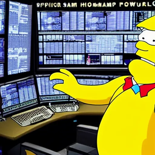 Image similar to Donald Trump as Homar Simpson sat at the controls of a Nuclear power plant control centre, screaming, angry, with his hands on the controls, 4k, high quality photograph