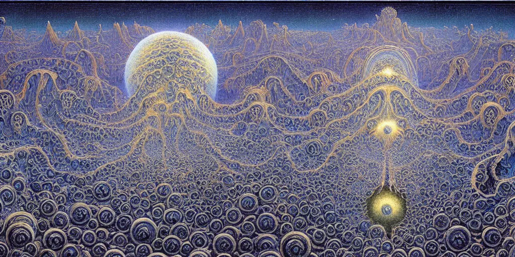 Image similar to lovecraftian fractal world, mandelbrot set planet by jean delville