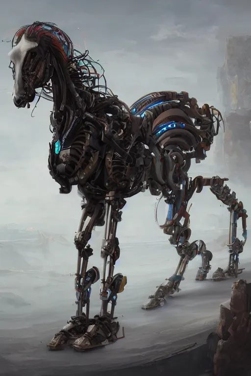 Image similar to 3 quarter view photography portrait of a biomechanical stalion horse illustrated by greg rutkowski and Akira Saito and Peter mohrbacher, boston dynamics, 4k,