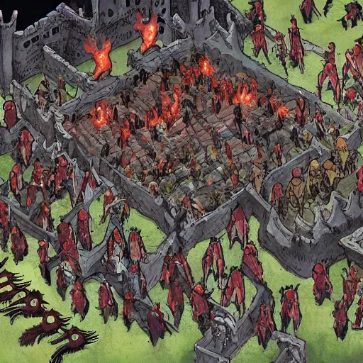 Prompt: Horde of the undead, with the faces of Gollum, attacks the castle, top view, flying dragons,