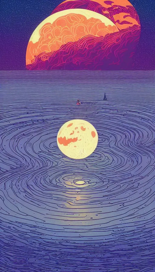 Prompt: supermoon floating on cosmic maelstrom sunset sky, futurism, dan mumford, victo ngai, kilian eng, da vinci, josan gonzalez