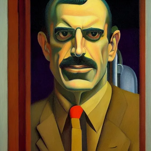 Image similar to robotic frank zappa portrait, grant wood, pj crook, edward hopper, oil on canvas