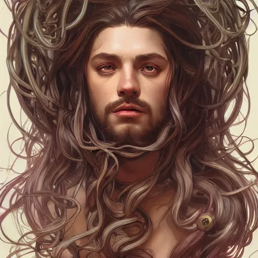 Image similar to male medusa, highly detailed, digital painting, cute face, artstation, concept art, smooth, sharp focus, illustration, art by artgerm and greg rutkowski and alphonse mucha