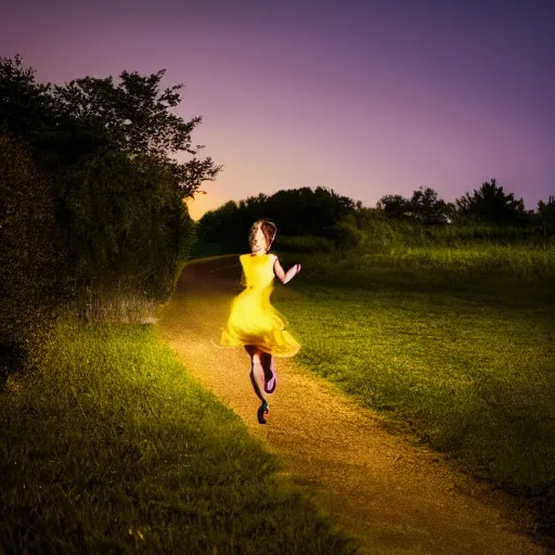 Prompt: a woman running at night in a yellow dress in the center of the frame sideways, dark hair, a barn, bushes and trees in the background, realistic photo, 4K, 35 mm
