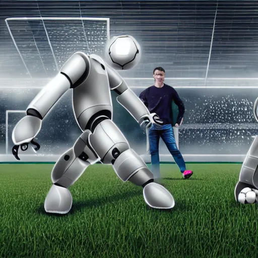 Prompt: photorealistic robots playing soccer