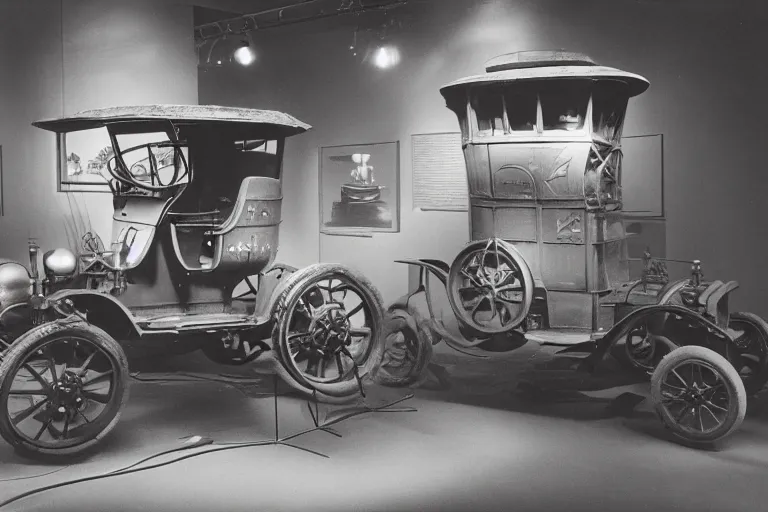 Prompt: cyberpunk 1 9 0 8 model ford t, volumetric lighting, in a museum, museum exhibit, museum lighting, 9 0 s film photo