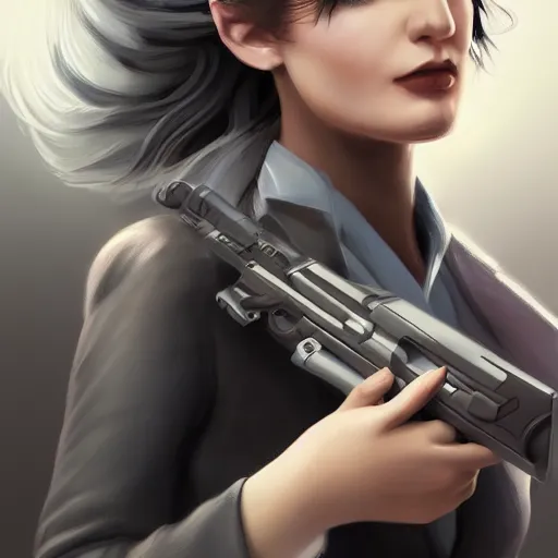 Image similar to a girl wearing a business, she has grey hair and is holding a gun, digital painting, smooth, hd, realist, artstation, deviantart, art by tran ross and