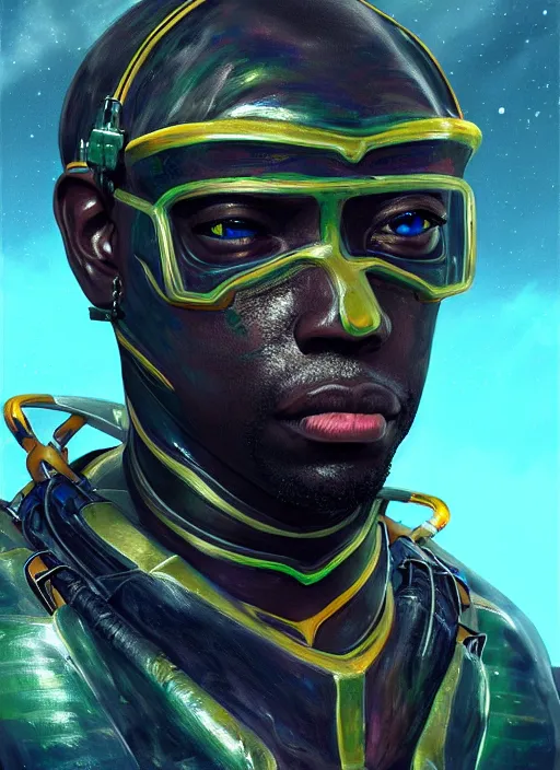 Prompt: portrait of a jamaican fisherman sci - fi armor muscular cyberpunk intricate elegant highly detailed digital painting artstation concept art
