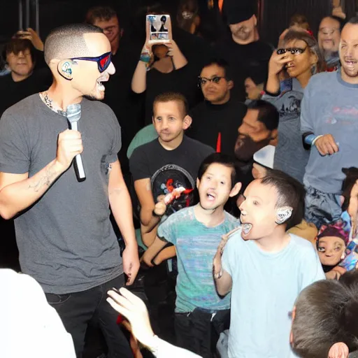 Prompt: Linkin Park Performing at a child's birthday party with children in the audience. Chester Bennington screams into the microphone, photograph