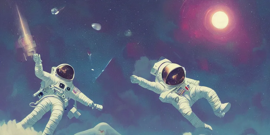 Image similar to a painting of an astronaut floating in space, poster art by mike winkelmann, behance contest winner, space art, sci - fi, poster art, 2 d game art