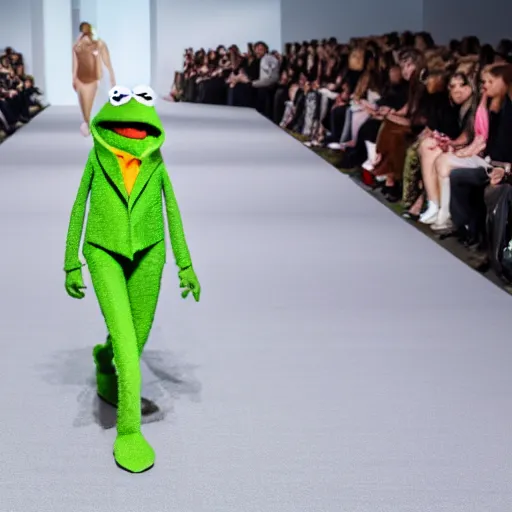 Image similar to Kermit the frog as a fashion week runway model 4k photo magazine journalism