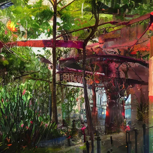 Prompt: A cyberpunk city in a rainforest, highly detailed digital art
