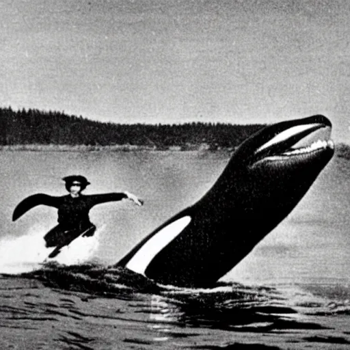 Image similar to Ellen G White riding a killer whale. Archival photo 1920. 4K