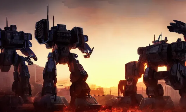 Prompt: Mechs defending the city at sunset, photorealistic, hyperrealistic, digital illustrations, sci-fi illustrations, mechwarrior, battletech, highly detailed, intricate, award-winning, mecha, gritty, beautiful colors, hdr, rendered in Octane, rendered in Unreal engine, 4k, ultra hd