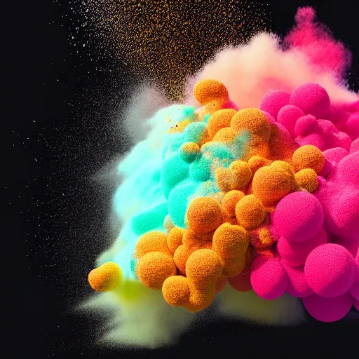 Prompt: color powder explosion on black background, particles, fine detail, hyperrealism, realistic, sharp focus, octane render, sidefx houdini, artstation, vfx