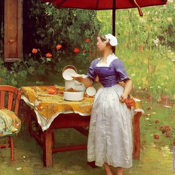 Image similar to a gorgeous housewife putting dishes on a table in the backyard, the table has a parasol, rainy scene, 1 9 5 0's, medium symmetry, by ilya repin, extreme detail, 8 k, intricate abstract, photorealistic