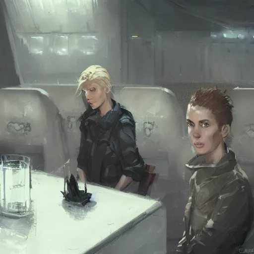 Image similar to concept art by greg rutkowski, a very tall, and slender woman with blond hair, sitting with the crew in the ship's dining room, brutalist futuristic interior, dark lighting atmosphere, detailed portraits, nostalgic atmosphere, scifi, digital painting, artstation, concept art, smooth, sharp foccus ilustration, artstation hq