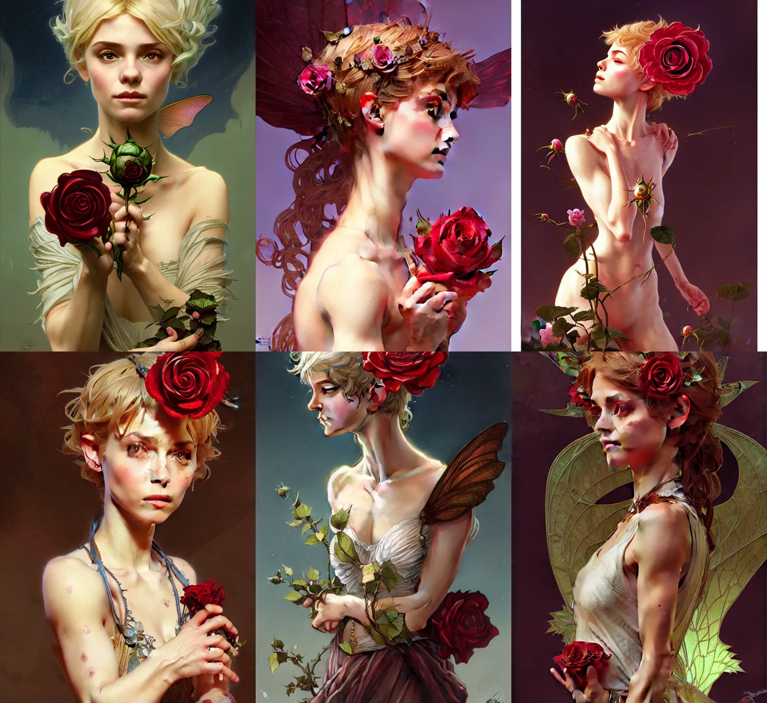 Prompt: Portrait of tiny pixie, D&D fantasy, wearing a giant rose on her body, intricate, highly detailed, digital painting, artstation, concept art, sharp focus, illustration, art by greg rutkowski and alphonse mucha