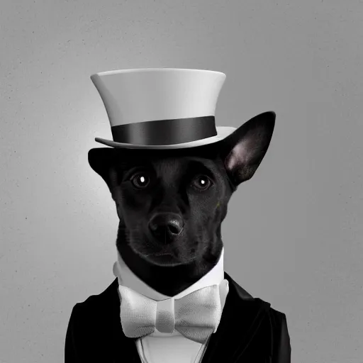 Image similar to closeup portrait of a dog wearing a suit and a top hat and a monocle on an eye, digital art, black and white