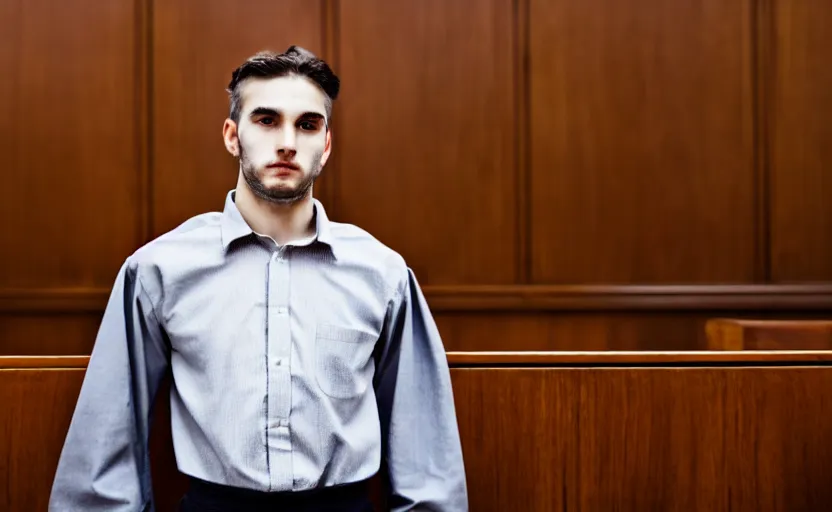 Prompt: portrait a beautiful a man in a skirt in a courtroom