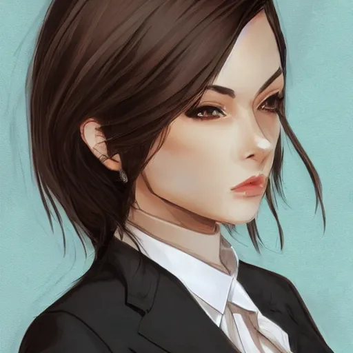 Image similar to woman in black business suit, chill, light brown neat hair, pixiv, fanbox, trending on artstation, portrait, digital art, modern, sleek, highly detailed, formal, serious, determined, lawyer, colorized, smooth, charming, pretty, safe for work