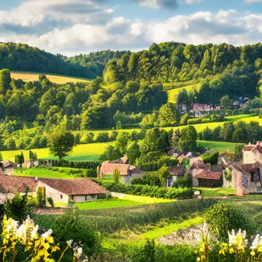 Prompt: dordogne typical landscape, little houses on the hills in the background, summer, river, ultra detailed, ultra sharp, award winning. 8 k, flowers, trees, fluffy clouds, morning light.