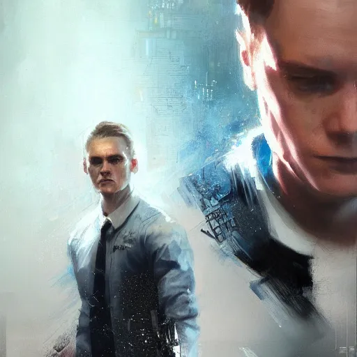 Image similar to connor from detroit become human exploding by greg rutkowski