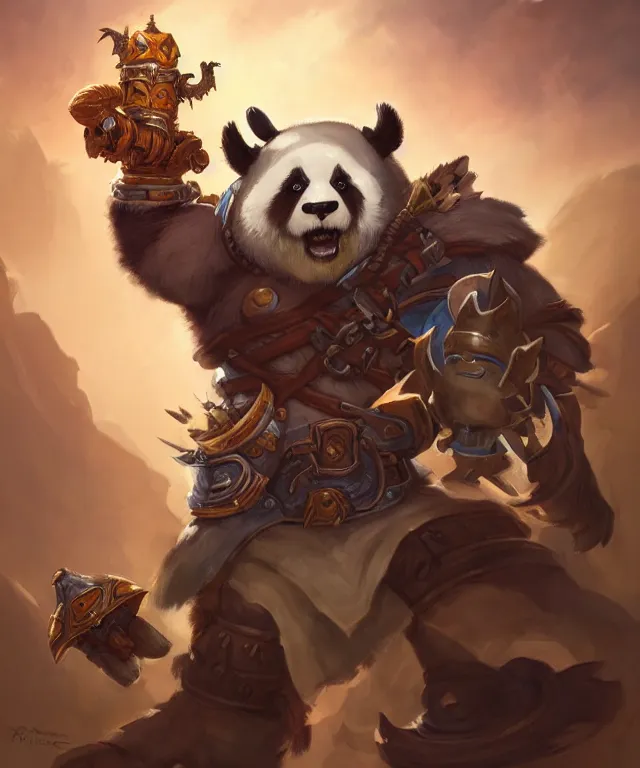 Prompt: a portrait an anthropomorphic panda paladin holding a doombringer, wearing paladin plate, landscape in background, dnd character art portrait, world of warcraft style, by peter mohrbacher, cinematic lighting