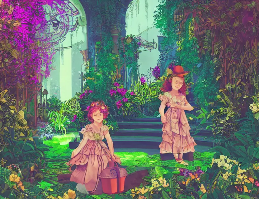 Prompt: little girl in steampunk vaporwave courtyard garden. complementary colors, gouache, indie concept art, bloom, chiaroscuro, backlighting, intricate details.