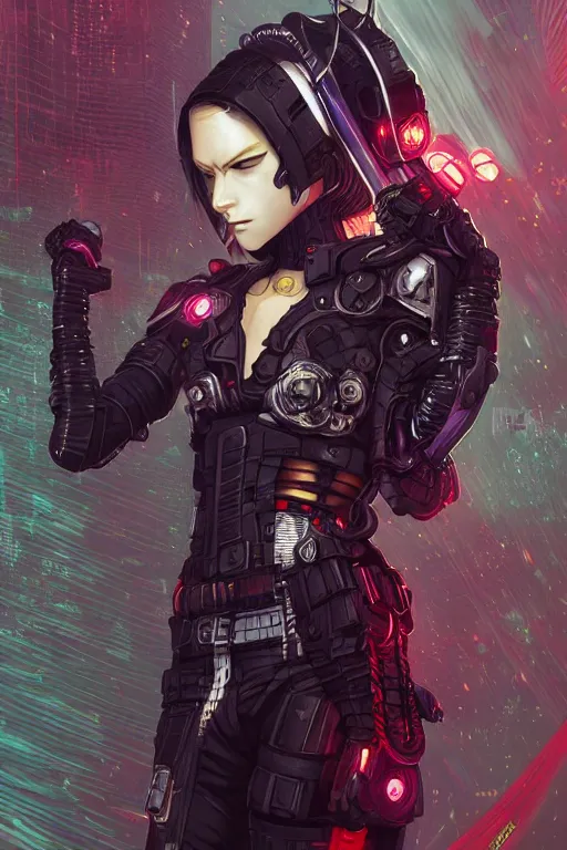 Image similar to full body Portrait of a cyberpunk cyborg ninja , D&D, sci fi fantasy, intricate, richly detailed colored , art by Range Murata, highly detailed, 3d, octane render, bright colors, digital painting, trending on artstation, sharp focus, illustration style of Stanley Artgerm,