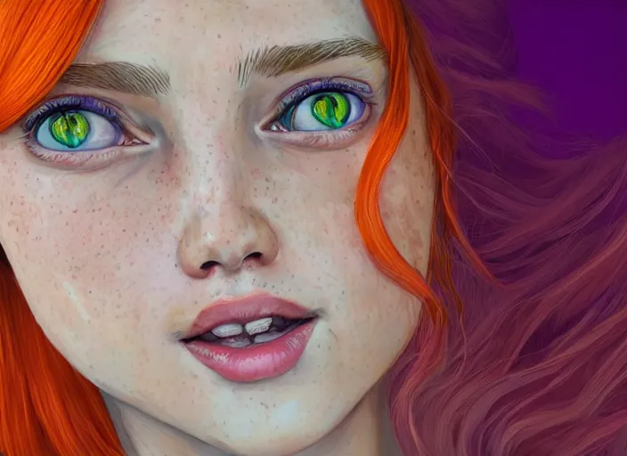 Image similar to portrait of a beautiful smiling girl with orange hair and freckles, green eyes, highly detailed, digital painting, style by Gretel Lusky, artstation, concept art, smooth, sharp, focus, illustration. background is purple