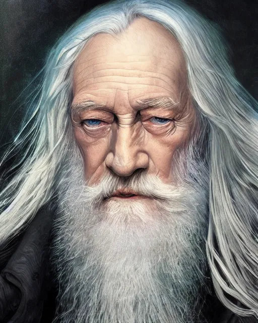 Prompt: portrait of 8 0 - year - old man, with blue eyes, very long silver hair, and very long silver beard, dumbledore, wearing in black cloak, hyper realistic face, beautiful eyes, fantasy art, in the style of greg rutkowski, intricate, alphonse mucha, hyper detailed, smooth