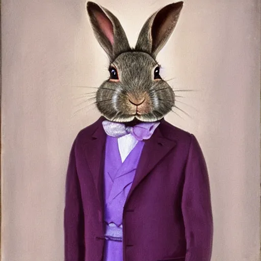 Image similar to a rabbit in a purple smoking jacket stands outside a palace, photorealism