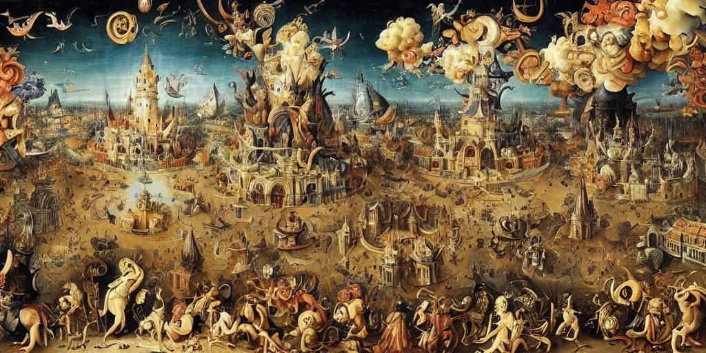 Image similar to beautiful!!! ornate heavenly!!! black!! rococo megastructure in the style of heironymus bosch, colorful intricate masterpiece, hyper detailed, hd