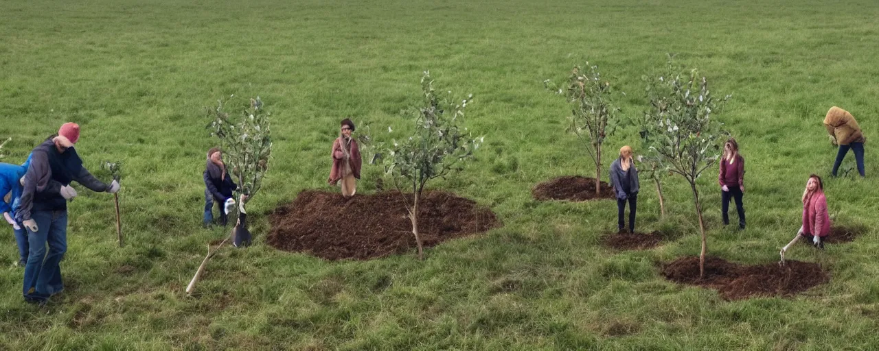 Image similar to Anthropomorphic tree planting humans in a field