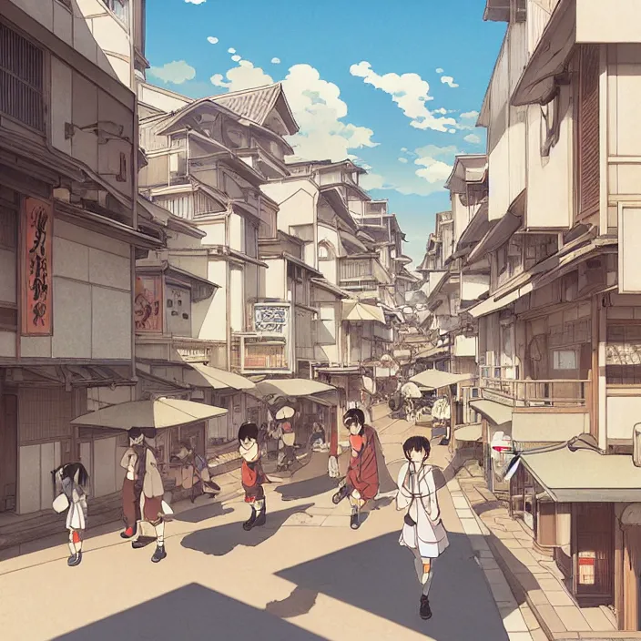 Image similar to empty japanese city, summer, in the style of studio ghibli, j. c. leyendecker, greg rutkowski, artem