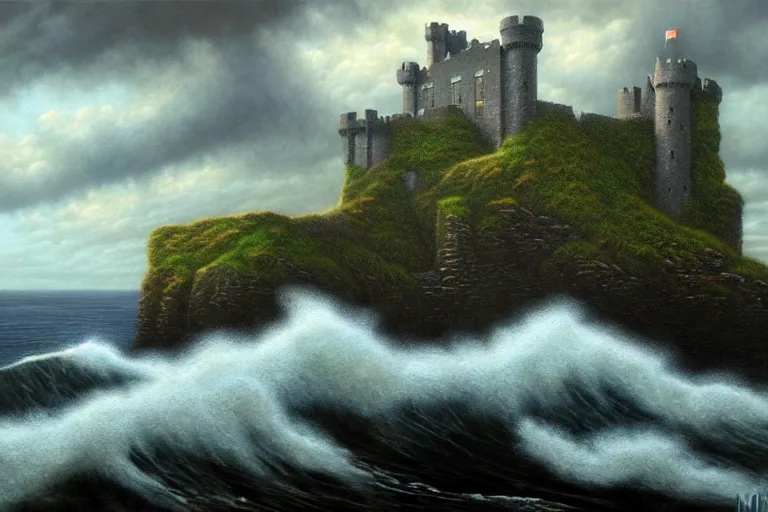 Image similar to a landscape of an irish castle on a seaside cliff, dark clouds, waves crashing, fantasy painting by michael whelan and mort kunstler, 4 k, hd, award winning, intricate details