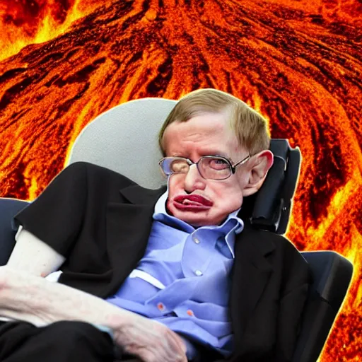 Prompt: stephen hawking in a volcano, photography,