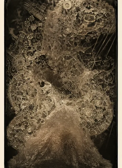 Image similar to old wetplate daguerreotype explosion of data fragments, fractal, intricate, elegant, highly detailed, parallax, leica, medium format, subsurface scattering, by jheronimus bosch and greg rutkowski and louis jacques mande daguerre