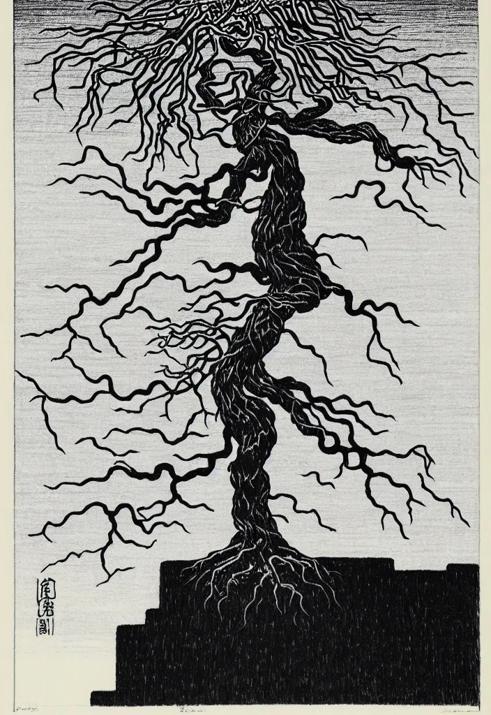 Image similar to prompt: magical white skeleton Bonsai tree squid creature roots merging into big moon drawn by Rene Magritte, Japanese woodblock print style, clean ink detailed line drawing, intricate detail, manga 1980